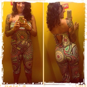 Patterned spandex one piece with crop pants? Yes, please.